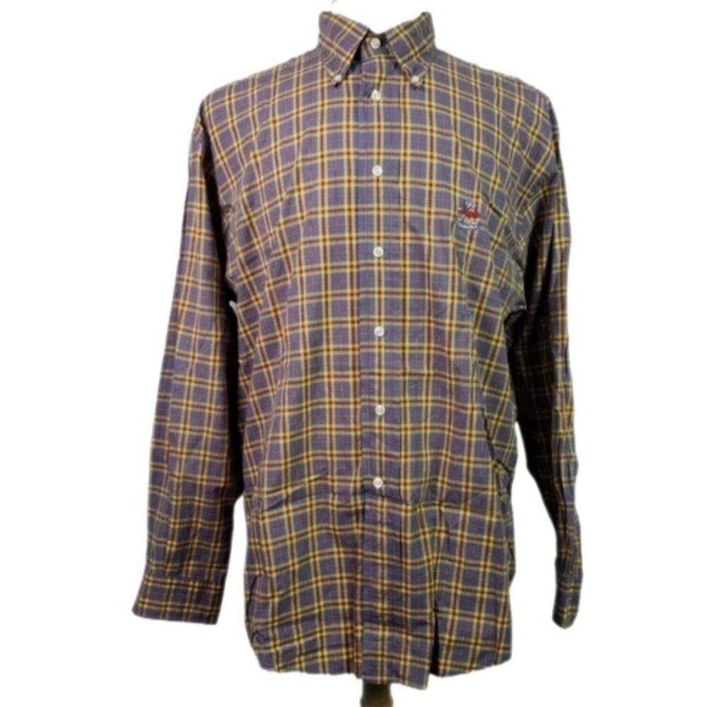 Faconnable Large Mens Multi Color Plaid Button Front Shirt Made in USA Cotton